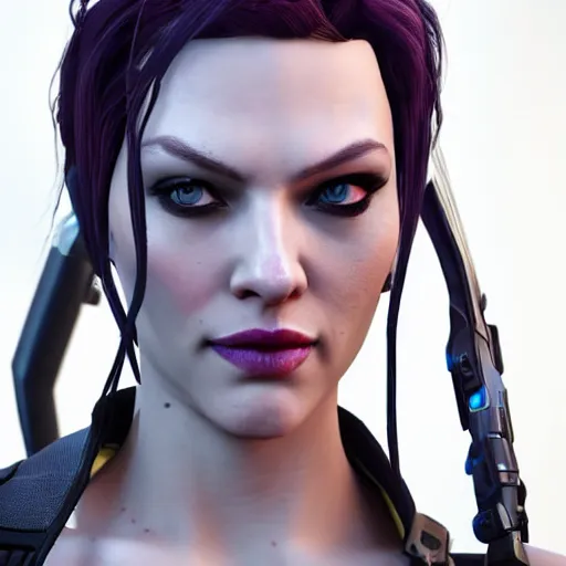 Image similar to scarlet johanson as widowmaker from overwatch, ultra realistic, 4 k, coherent, detailed face, unreal engine, costumed