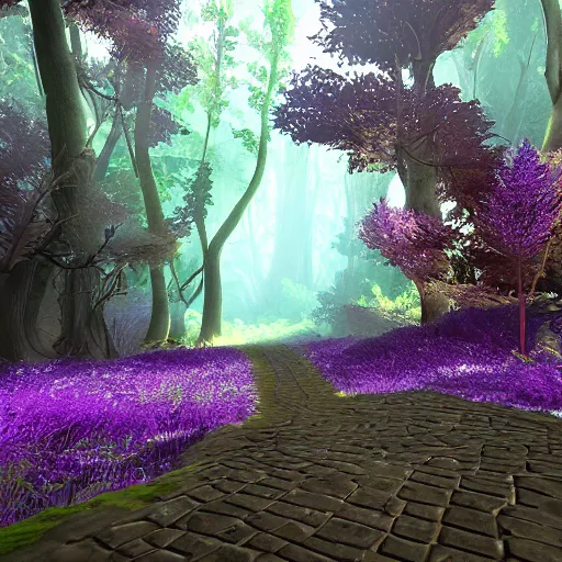 Image similar to warrior cats forest location, path, dark, purple a bit, unreal engine