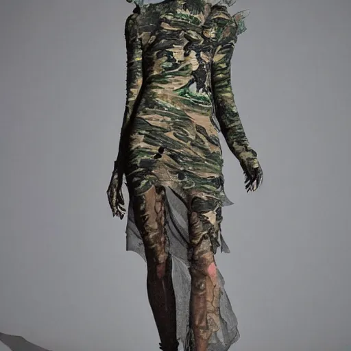 Prompt: female character wearing a camouflage dress by yohji yamaoto in a dense misty jungle the style of mamoru oshii