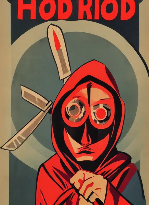 Image similar to man in hood and red eyes with a knife, 1940s propaganda poster, full hd,highly detailed