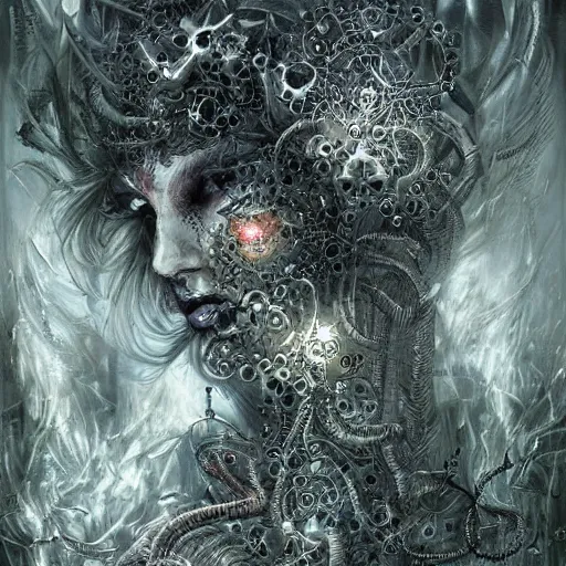 Image similar to cybernetic demon dreaming, lsd, circuitry, intricate detail, royo,