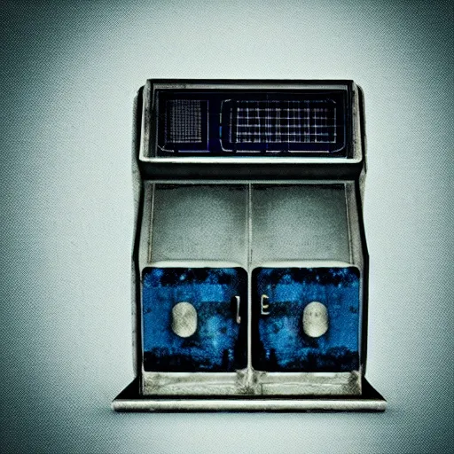 Image similar to an old, filthy, broken, 1960s-era, retro device, made of brushed steel, for displaying recipes, digital pong screen, set on an old, rusty, retro, kitchen counter, in a retro diner, dramatic constrasting light, blue lumionous mysterious lighting, redshift render, but as high contrast photography, featured on behance, golden ratio, f32, well composed, cohesive, from the show X-Files