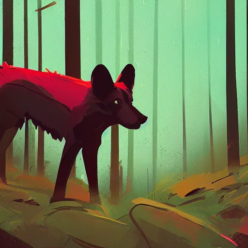 Image similar to grungy wild dog standing in a cedar forest, by anton fadeev and simon stalenhag, trending on art station