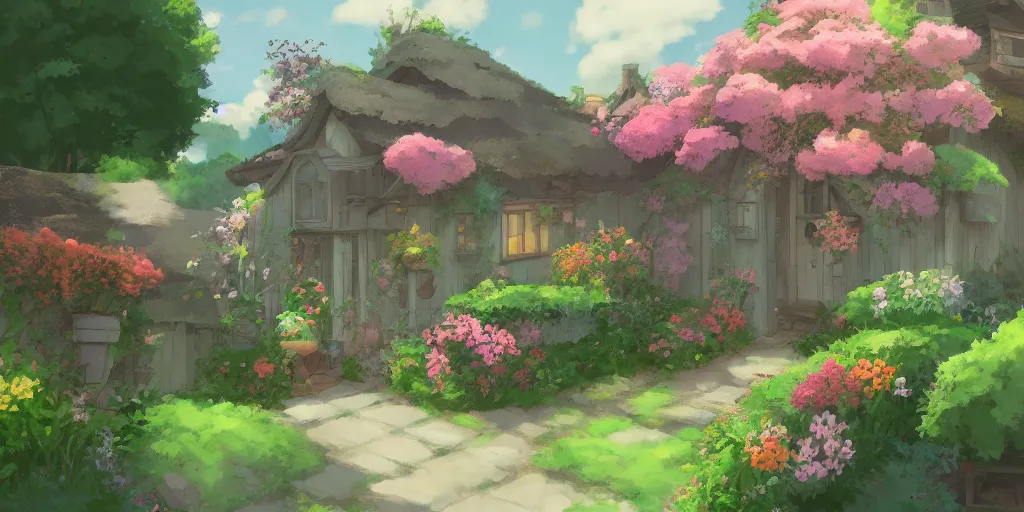 Image similar to Flowery cottage, evening, Studio Ghibli, Artstation