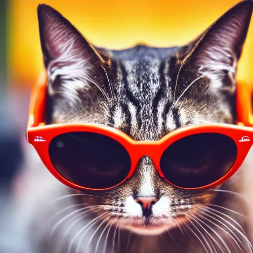 Prompt: closeup photo of a though cat with sunglasses in time square, bokeh, dslr, high resolution, 8 k