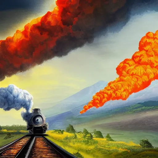 Prompt: train billowing smoke as it goes over a mountain, concept art, illustrated, highly detailed, high quality, bright colors, optimistic,