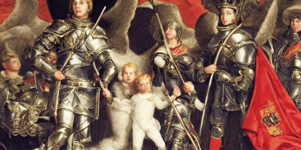 Image similar to photo of prince william, duke of cambridge wearing knight's armor with heavenly angels surrounding him