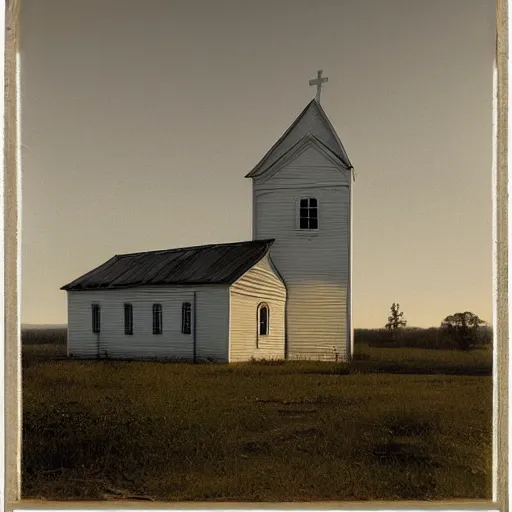 Image similar to picture of an old wooden white church, 1 9 th century southern gothic scene, made by lagerstedt, mikko