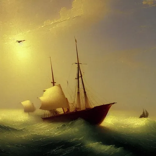 Prompt: a painting of a two large modern boats catching fish, a detailed painting by ivan aivazovsky, pixabay contest winner, hudson river school, dutch golden age, detailed painting, matte painting