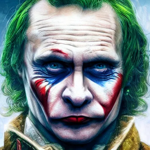 Image similar to portrait of vladimir putin as a joker in a city destroyed by war, realistic, high definition, 4 k, shimmering color, hyper detailed, art of greg rutkowski and magali villeneuve and artgerm