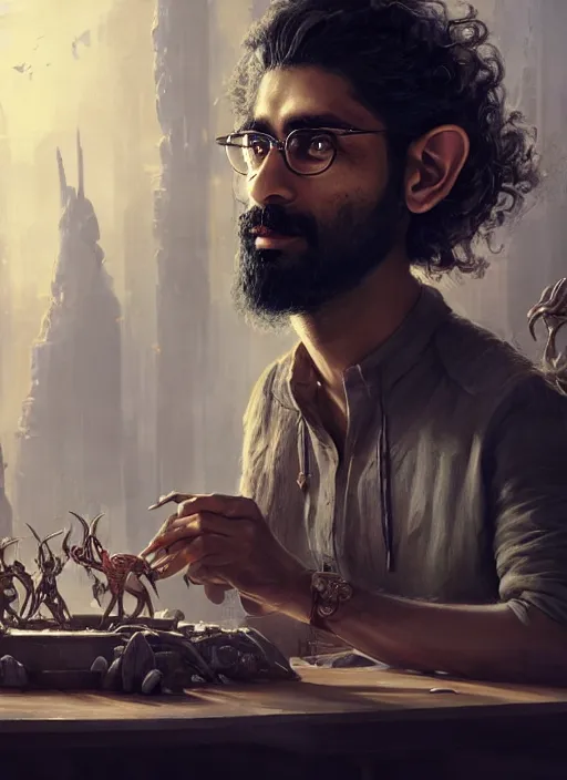 Image similar to Portrait of Indian Scruffy haired male biopunk scientist with elven ears, He is working on trinkets on a table, realistic, detailed, 4k by Greg Rutkowski Mark Arian trending on artstation