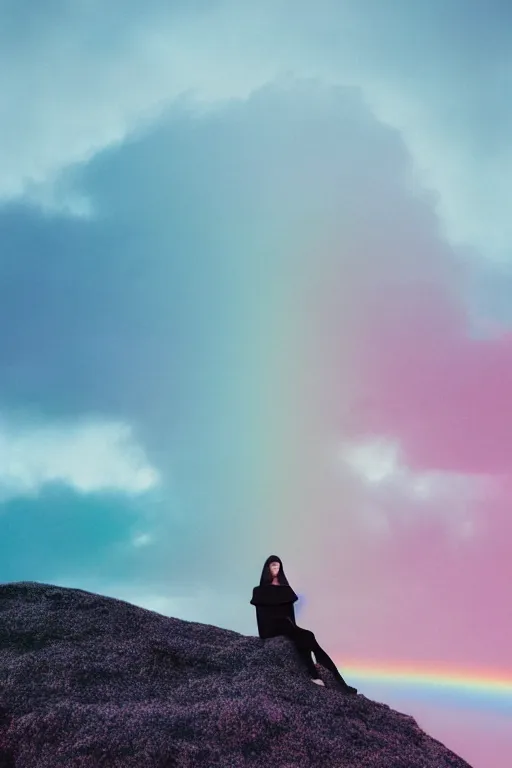 Image similar to high quality pastel coloured film close up wide angle photograph of a model wearing clothing resting on cloud furniture in a icelandic black rock environment in a partially haze filled dreamstate world. three point light, rainbow. photographic production. art directed. pastel colours. volumetric clouds. pastel gradient overlay. waves glitch artefacts. extreme facial clarity. 8 k. filmic.