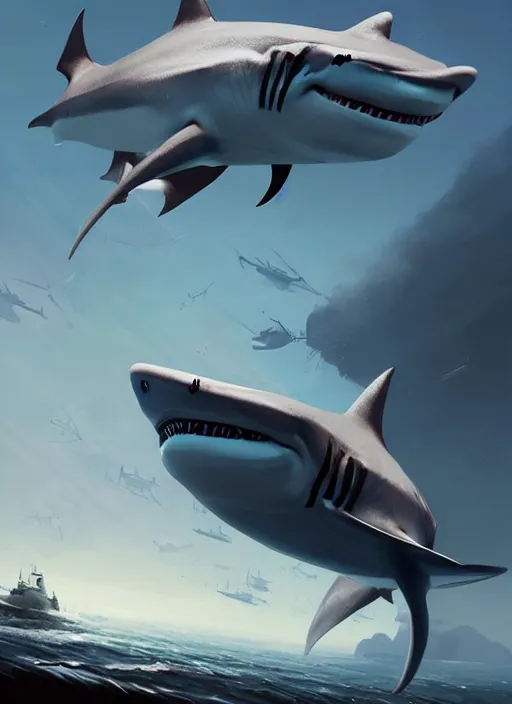 Image similar to epic futuristic baby shark war machine highly detailed, digital painting, concept art, smooth, sharp focus, illustration, art by greg rutkowski