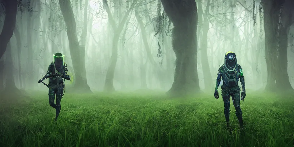 Image similar to inside of alien lush summer green landscape of human mind and imagination of a beautifully strange a gamekeeper wearing a solarpunk mechanical fluorescent mystical animal mask and red hoods. walking in the misty swamp. in style of fornite game. morning fog, matte painting, beautiful render, octane render, concept art