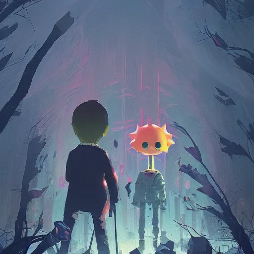 Image similar to dark fantasy, art by james gilleard, breathtaking, animal crossing characters, korean light novel cover, by goro fujita, sci - fi zoom backgrounds, glitch art, mirrors, birthday card mockups, art by greg rutkowski, soft shadow, baroque, art nouveau