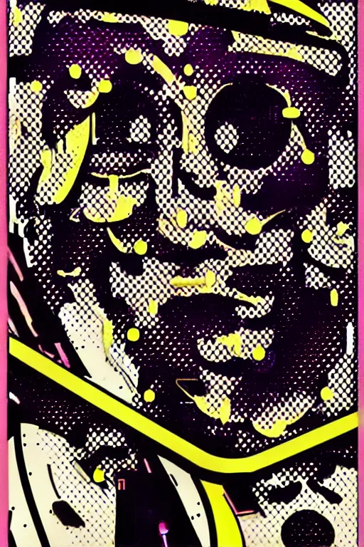 Prompt: futuristic japanese cyberpunk by roy lichtenstein, by andy warhol, ben - day dots, pop art, bladerunner, pixiv contest winner, cyberpunk style, cyberpunk color scheme, mechanical, high resolution, hd, intricate detail, fine detail, 8 k