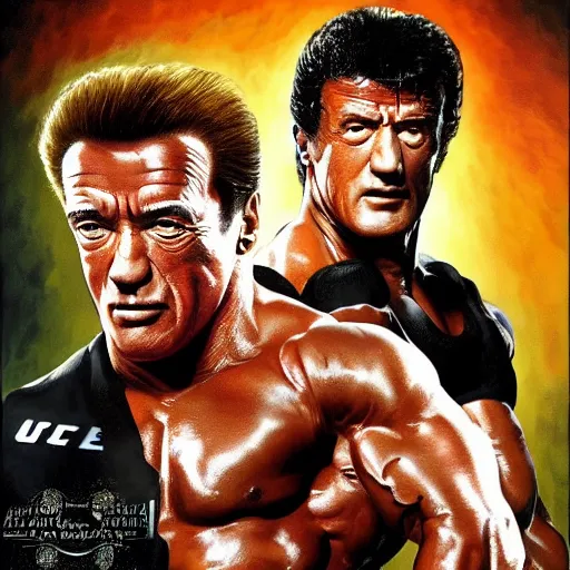 Image similar to Arnold Schwarzenegger and Sylvester Stallone in an UFC fight in octagon, artstation hall of fame gallery, editors choice, #1 digital painting of all time, most beautiful image ever created, emotionally evocative, greatest art ever made, lifetime achievement magnum opus masterpiece, the most amazing breathtaking image with the deepest message ever painted, a thing of beauty beyond imagination or words, 4k, highly detailed, cinematic lighting