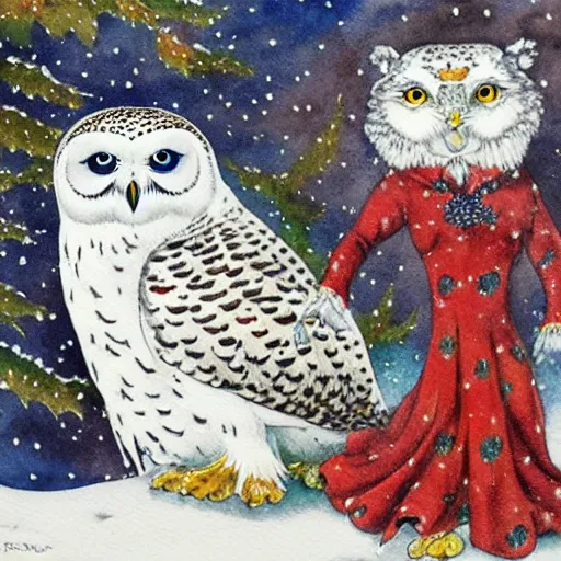 Prompt: snowy owl dancing with a snow leopard, Louis William Wain watercolor,