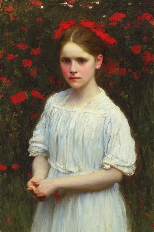 Image similar to Solomon Joseph Solomon and Richard Schmid and Jeremy Lipking victorian genre painting portrait painting of a young cottagecore girl in an open field of flowers, red background