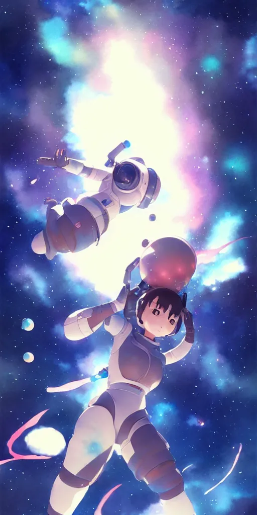 Image similar to oriental water color of a cute thicc astronaut woman, floating through space, backlit, by makoto shinkai and krenz cushart