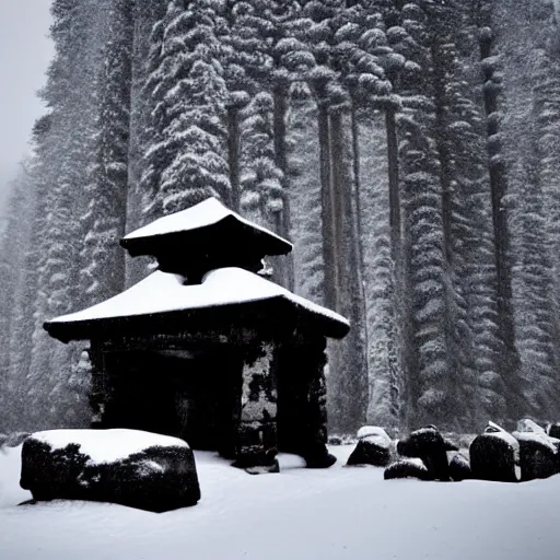 Image similar to a monolithic pillar temple in a taiga. snowing, overcast sky, grainy.