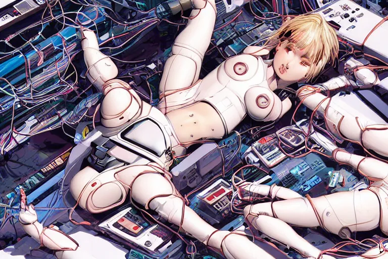 Image similar to a finely composed cyberpunk illustration of a group of white female androids' in style of hajime sorayama, lying on an abstract, empty, white floor with their body parts scattered around and cables and wires coming out, by katsuhiro otomo and masamune shirow, hyper-detailed, colorful, view from above, wide angle, close up, spacious