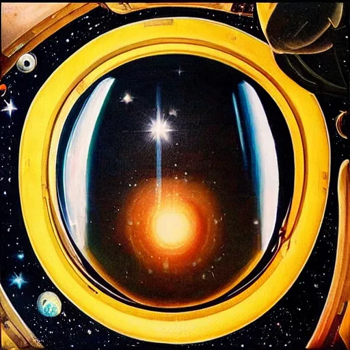 Image similar to “astronaut on board international space station wearing black space suit and gold helmet, highly detailed, realistic, portrait, no flag patch, symmetrical, photorealistic, proportional, beauty, fish eye lens, nasa, spacex, galaxies, in the style of Edward hooper oil painting sun rising”