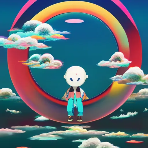 Image similar to a man walking on clouds away from the camera above kyoto by takashi murakami, beeple and james jean, aya takano color style, 4 k, super detailed, modern, 4 k, symmetrical