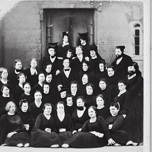 Prompt: Victorian Photograph of Medical students outside posing for a photograph next to a skeleton