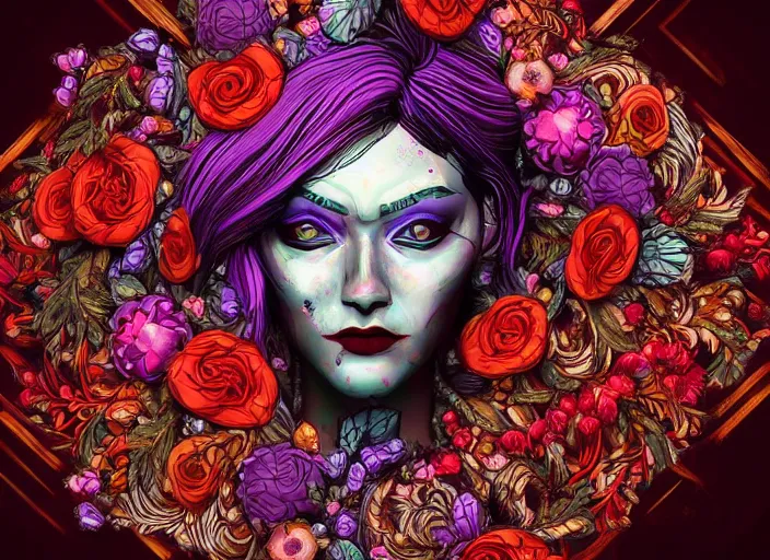 Prompt: symmetry portrait of floral, borderlands 3, psycho, intricate, elegant, highly detailed, digital painting arts