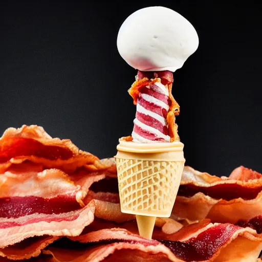 Prompt: a detailed photograph of a levitating ice cream cone made of bacon