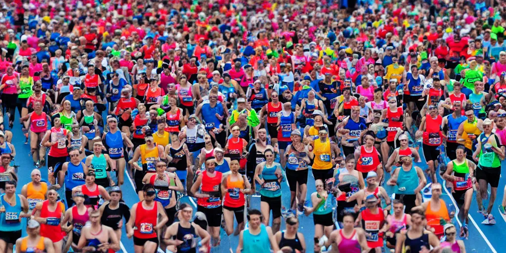 Image similar to detailed photo of marathon runners in a long row, frontal, studio background, studio lighting, fashion shoot, detailed, diverse crowd, new balance colours