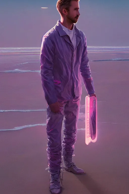 Image similar to ryan gosling robotic clothes in the beach purple sun, pink lighting ultra realistic photorealistic highly detailed high quality, a stunningly, digital painting, artstation, concept art, smooth, sharp focus, illustration, art by artgerm and greg rutkowski and alphonse mucha 8 k