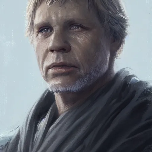 Prompt: portrait of a man by Greg Rutkowski, old jedi Master Luke Skywalker from Star Wars Expanded Universe, he is about 60 years old, highly detailed portrait, digital painting, artstation, concept art, smooth, sharp foccus ilustration, Artstation HQ