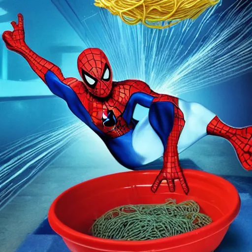 Prompt: spiderman swimming in a pool filled with spaghetti