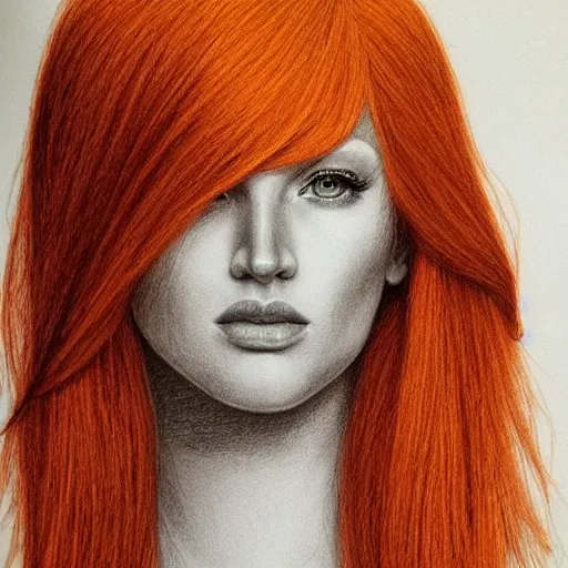 Image similar to a symmetrical portrait of a beautiful orange - haired woman, face and shoulders, pencil drawing, intricate, aesthetic!!!!!, god rays, dramatic, ultra detailed