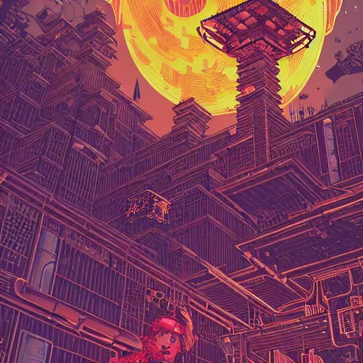 Image similar to Stunningly intricate illustration of a cyberpunk explorer overlooking a maze-like temple, highly detailed, midnight, by Victo Ngai and James Gilleard , Moebius, Laurie Greasley