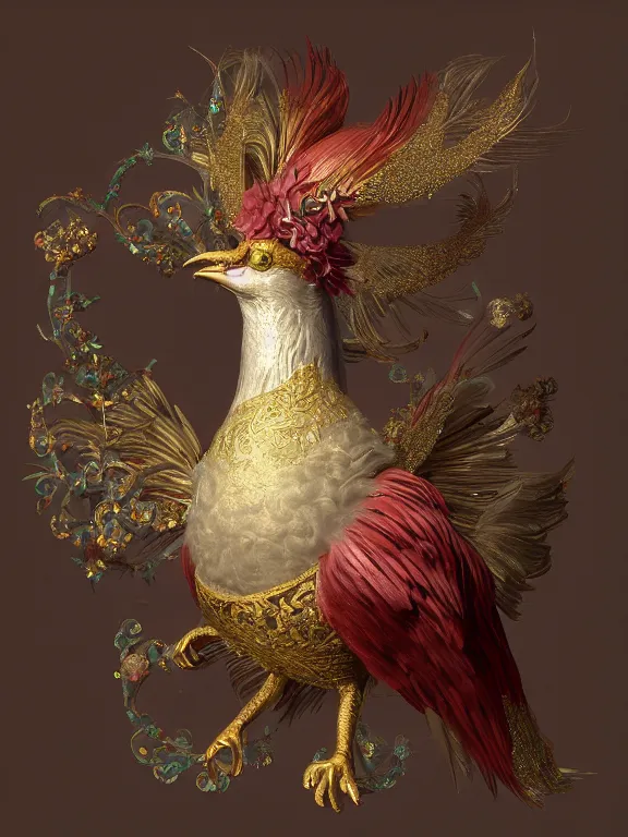 Image similar to a beautiful render of an exotic pale lilac feathered and metallic gold bird with red jewel eyes, surrounded by an elaborate decorative plaster arabesque rococo motif, by Raphael and Antoine Watteau, zbrush, redshift render, 8k, hyperreal