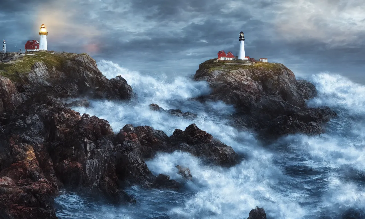 Prompt: Three lighthouses on dramatic rocky cliff, bright lighthouse beacons, large waves hitting the cliff, small nordic mythical town in the background, a wooden bridge, dark stormy clouds, dawn, fantasy, cinematic, dramatic lighting, photorealistic, unreal engine, artstation, detailed, 4k