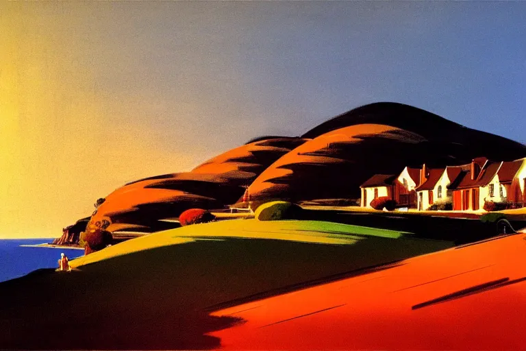 Image similar to a small village on top of a hill near the sea, painted by Syd Mead, Low key lighting, ultra detailed, 8k