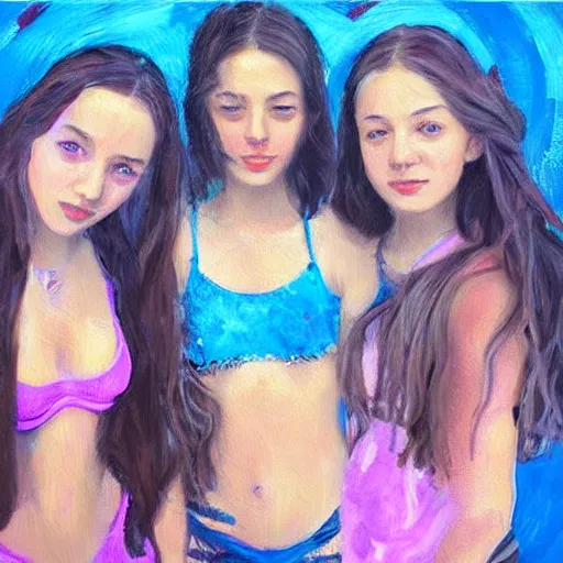 Image similar to “springbreak party, 3 teenage girls, blue tones, hyper realistic oil painting”