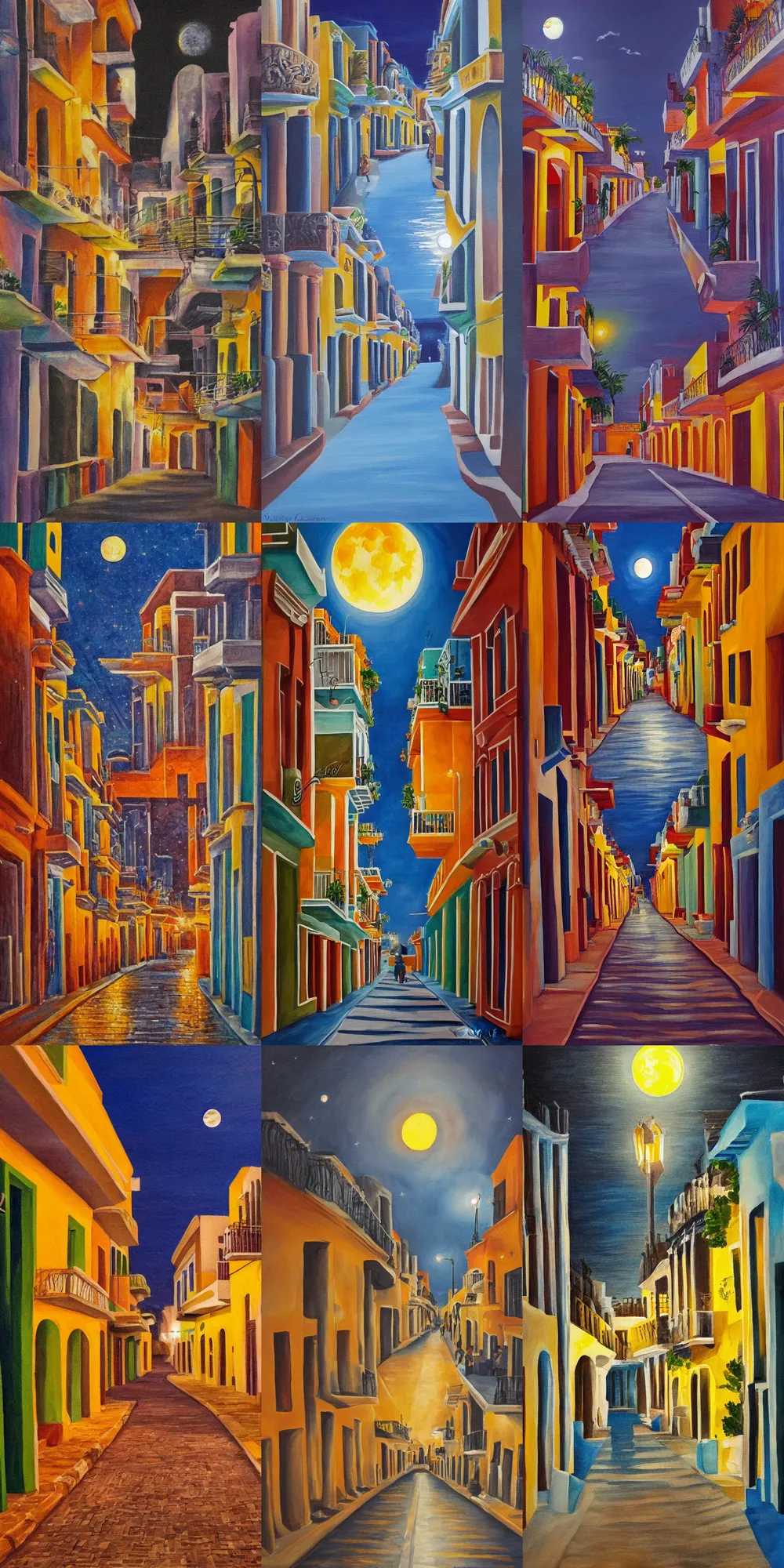 Prompt: painting of yucatan city street at night with full moon