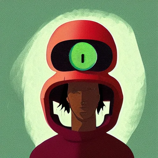 Image similar to “in the style of Moebius and ghostshrimp a young mixed race male explorer wearing a futuristic helmet, highly detailed, adventure time colour palette”