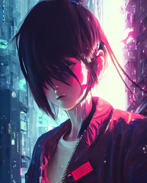 Image similar to kyoto animation, cool girl wearing cyberpunk intricate streetwear, beautiful, detailed portrait, cell shaded, 4 k, concept art, by wlop, ilya kuvshinov, artgerm, krenz cushart, greg rutkowski, pixiv. cinematic dramatic atmosphere, sharp focus, volumetric lighting, cinematic lighting, studio quality