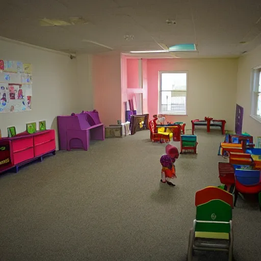 Prompt: childrens daycare indoors no windows limital space, not well lit, creepy photo