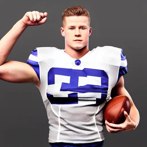 Image similar to a realistic detailed photo of a guy who is an attractive humanoid who is half robot and half humanoid, who is a male android, football player christian mccaffrey, shiny skin, posing like a statue, blank stare, at the photo shoot, on display