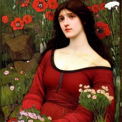 Prompt: Symmetric Pre-Raphaelite painting of a beautiful woman with dark hair in a dark red dress, sitting on a throne of rocks, surrounded by a halo of flowers and neural networks and geometric drawings and mathematical drawings, by John William Waterhouse, Pre-Raphaelite painting