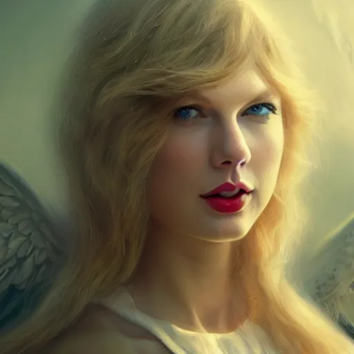Prompt: taylor swift as a heavenlh angel showing seeds of happiness, clear face, focus, magical world, by greg rutkowski, sung choi, photo realistic, 8 k, cinematic lighting, hd, atmospheric, hyperdetailed, trending on artstation, devainart, digital painting, glow effect
