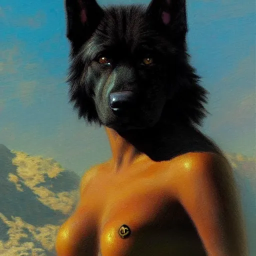 Image similar to a portrait of a black german shepard dogman man in swimsuit starfleet star trek risa. highly detailed painting by gaston bussiere craig mullins jc