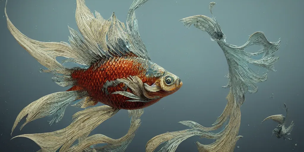 Prompt: a beautifull intricate cute 3 d goldfish made of fractal, unreal engine, wide shot, by octane render by ellen jewett